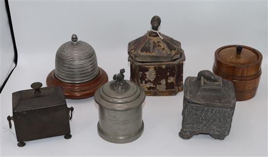 James Dixon pewter tobacco skep and 5 other tobacco containers, inc. lead and wood (6, a.f)